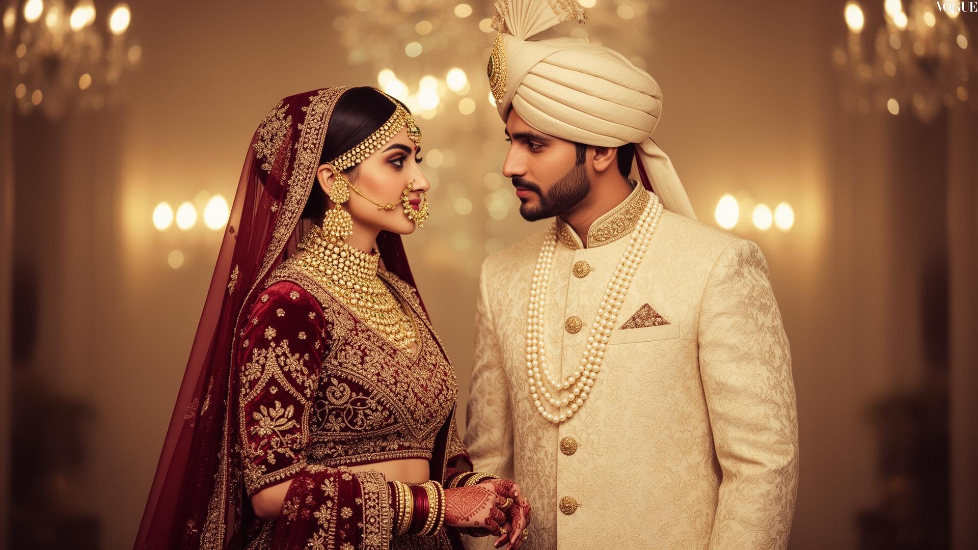 Pakistani bride and groom in traditional wedding attire